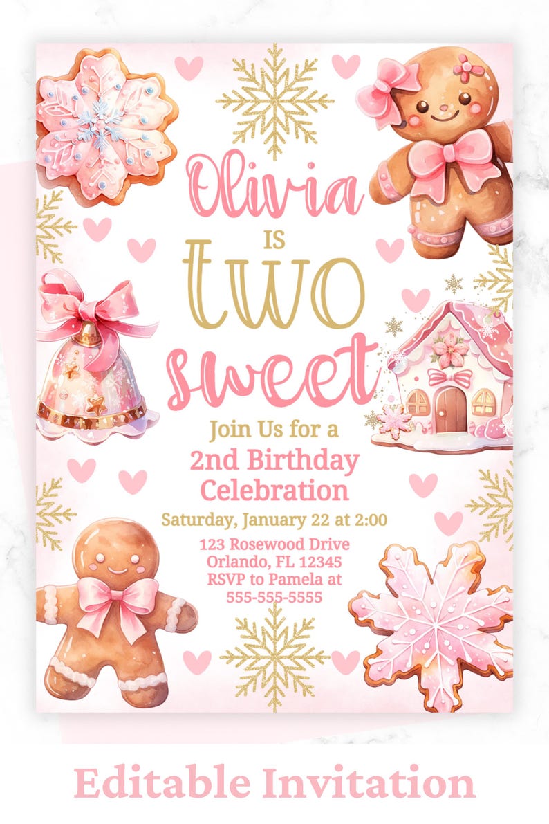 May include: Pink and gold birthday invitation with a gingerbread theme. The invitation says "Olivia is Two Sweet" and includes details for a 2nd birthday celebration.