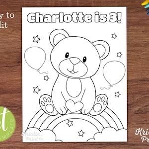 Editable Bear Birthday Favor, Bear Coloring Page Printable, Bear Theme Birthday Activity Sheet, Teddy Bear Coloring Sheet for Kids, Custom