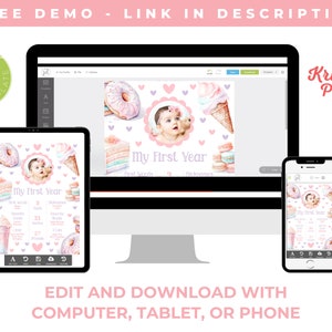 Puede incluir: Una plantilla digital para un p&oacute;ster de hitos del primer a&ntilde;o de un beb&eacute;. El p&oacute;ster presenta un esquema de color rosa y morado con una dona, un cono de helado y macarons. El texto "Mi primer a&ntilde;o" se muestra en una fuente rosa. La plantilla se puede editar y descargar en una computadora, tableta o tel&eacute;fono.