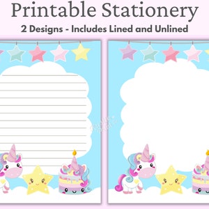 Papelería de unicornio imprimible, papelería para niñas, papel de carta Kawaii imprimible, cumpleaños de unicornio, papelería para niños lindos, papelería divertida
