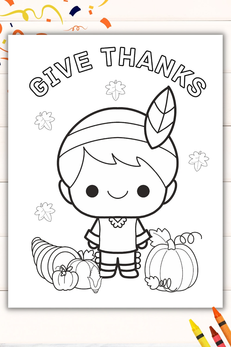 May include: A black and white coloring page featuring a cartoon pilgrim with a feather headdress, holding a pumpkin and standing next to a cornucopia and other pumpkins. The text "GIVE THANKS" is at the top of the page.
