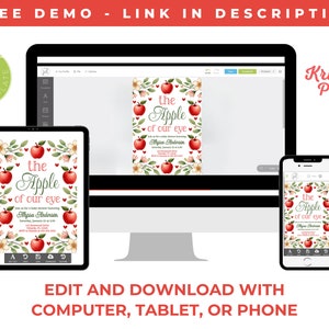 May include: A digital mockup of a printable baby shower invitation. The invitation features a watercolor illustration of red apples and pink flowers with the text "The Apple of Our Eye" and the name "Alyssa Anderson". The invitation is displayed on a computer, tablet, and phone.
