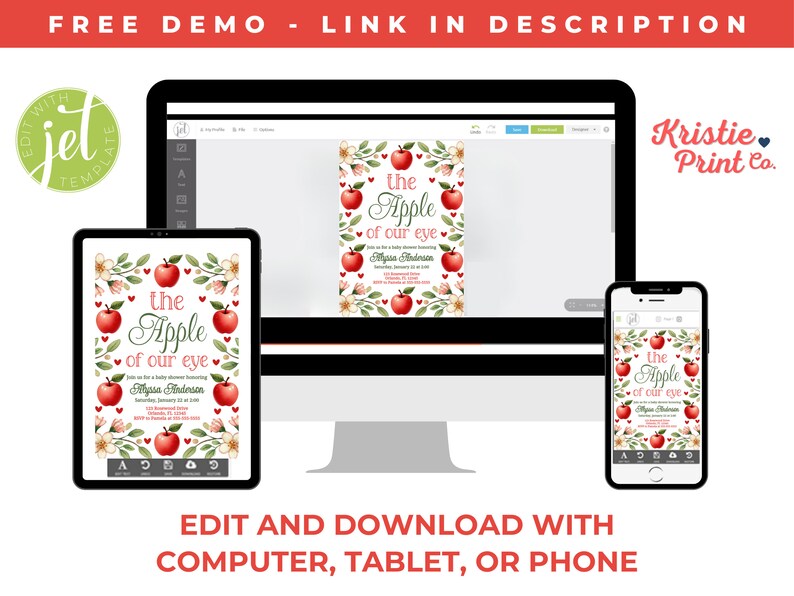 May include: A digital mockup of a printable baby shower invitation. The invitation features a watercolor illustration of red apples and pink flowers with the text "The Apple of Our Eye" and the name "Alyssa Anderson". The invitation is displayed on a computer, tablet, and phone.