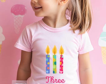 Camiseta de tercer cumpleaños Camiseta de tercer cumpleaños Camiseta de tres velas Camiseta de cumpleaños para niña de 3 años Conjunto de tercer cumpleaños