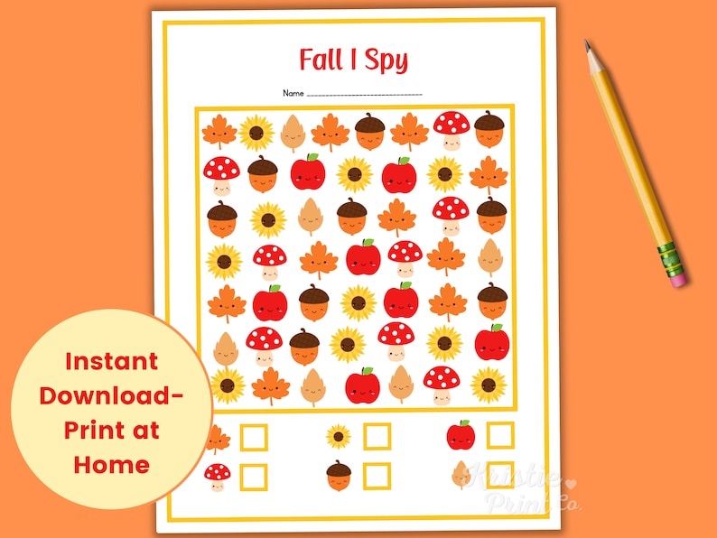 May include: A printable Fall I Spy activity sheet with a grid of autumn-themed images, including acorns, leaves, mushrooms, sunflowers, and apples. The sheet has a space for a name and a section for counting the number of each item.