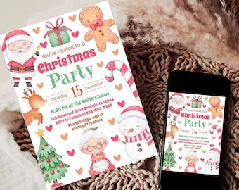 May include: A Christmas party invitation with a festive design featuring Santa Claus, a gingerbread man, a snowman, a reindeer, a Christmas tree, and a grandmother. The invitation includes the date, time, and location of the party. You're invited to a Christmas Party Saturday 15 December 6:00 PM at the Smith's house 123 Rosewood Drive Orlando, FL 12345 RSVP to Pamela at 555-555-5555 Please bring a secret santa gift to share