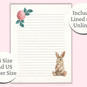 Pu&ograve; includere: Carta da lettere stampabile con un'illustrazione ad acquerello di un coniglio e un uovo di Pasqua rosa con foglie verdi. La carta &egrave; disponibile sia con che senza righe e nei formati A4 e US Letter. Il testo "Includes Lined and Unlined" &egrave; visibile nell'angolo in alto a destra dell'immagine.