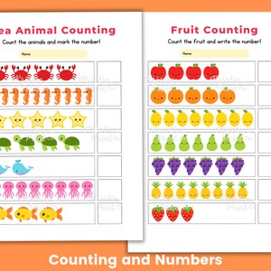 May include: A printable worksheet for kids to practice counting. The worksheet features two sections: Sea Animal Counting and Fruit Counting. The Sea Animal Counting section has images of sea animals such as crabs, seahorses, starfish, turtles, whales, jellyfish, and fish. The Fruit Counting section has images of apples, oranges, lemons, pears, grapes, pineapples, and strawberries.