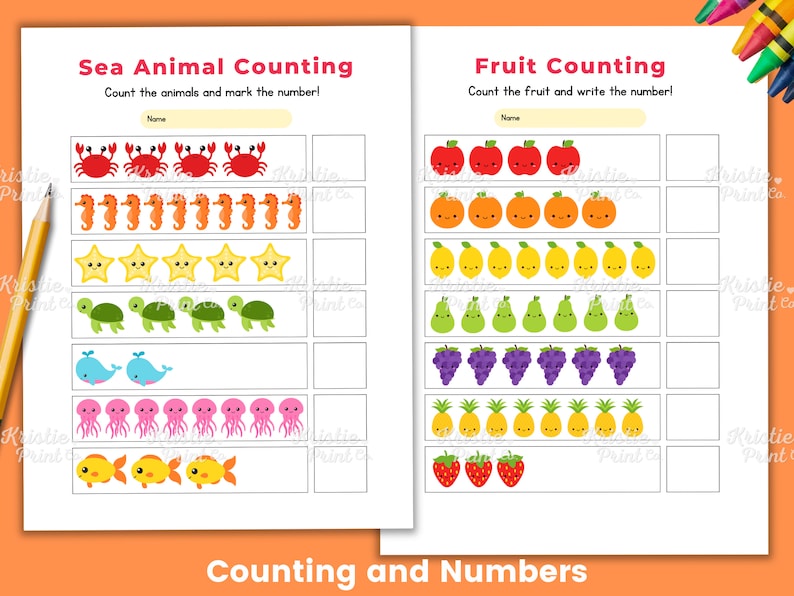 May include: A printable worksheet for kids to practice counting. The worksheet features two sections: Sea Animal Counting and Fruit Counting. The Sea Animal Counting section has images of sea animals such as crabs, seahorses, starfish, turtles, whales, jellyfish, and fish. The Fruit Counting section has images of apples, oranges, lemons, pears, grapes, pineapples, and strawberries.