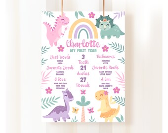 Puede incluir: Un gráfico imprimible colorido para los hitos del primer año de un niño. Presenta un arcoíris, dinosaurios y flores. El gráfico incluye información sobre las primeras palabras del niño, sus alimentos favoritos, su altura, su peso y otros hitos.