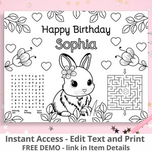 Editable Bunny Placemat Happy Birthday Coloring Page Bunny Birthday Party Bunny Party Favors Birthday Baby Bunny Party Activity Sheet BUNNY1
