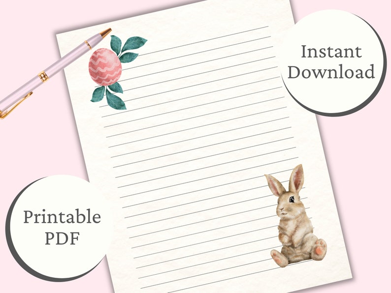 Pu&ograve; includere: Carta rigata stampabile con un design floreale rosa e verde in alto e un coniglio marrone in basso. Il testo "Download immediato" e "PDF stampabile" &egrave; incluso anche nell'immagine.