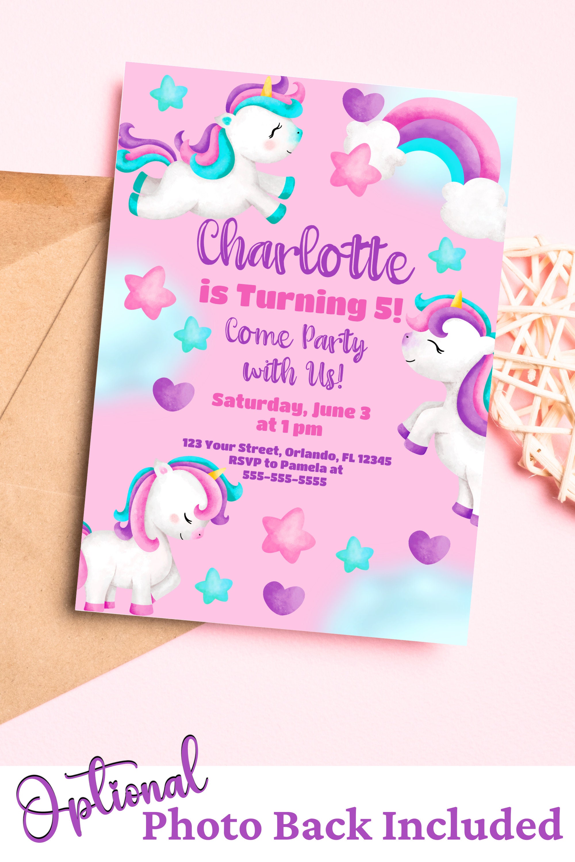 Cute Unicorn Invitation Pink Girls Birthday Unicorn Party Invite Pink ...