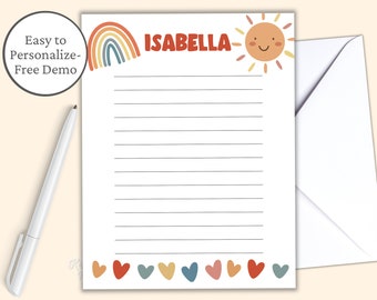 Personalized Rainbow Stationery, Boho Stationery Printable, Stationery for Girls, Cute Stationery Paper, Penpal, Kids Writing Paper, Digital