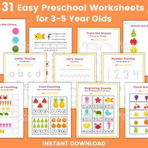 May include: A set of 31 printable preschool worksheets for 3-5 year olds. The worksheets feature a variety of activities, including matching colors, tracing letters and shapes, counting, and beginning sounds. The worksheets are illustrated with colorful cartoon animals and objects.