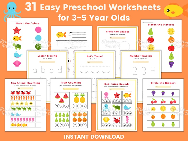May include: A set of 31 printable preschool worksheets for 3-5 year olds. The worksheets feature a variety of activities, including matching colors, tracing letters and shapes, counting, and beginning sounds. The worksheets are illustrated with colorful cartoon animals and objects.