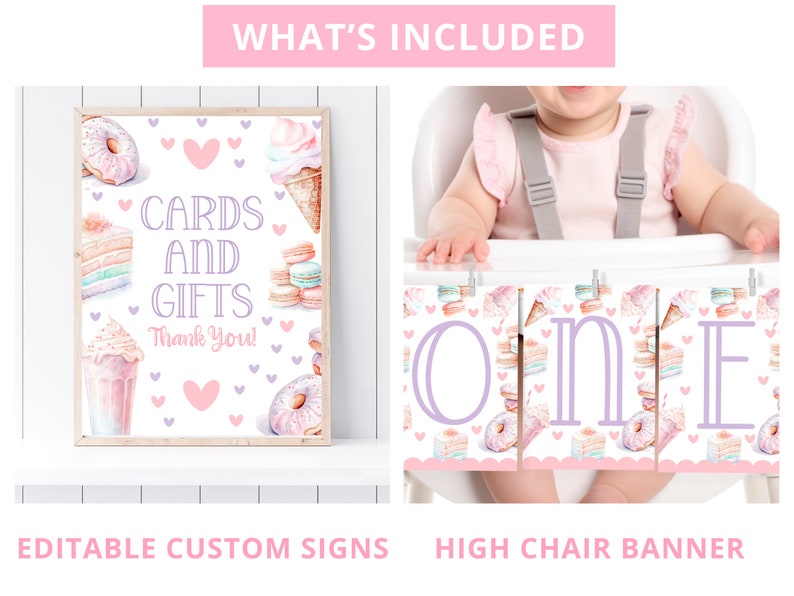 Sweet One Birthday Bundle Sweet One Party 1St Birthday Bundle Girl First Birthday Decor Editable Templates Ice Cream Donut Invitation SWE1 image 9