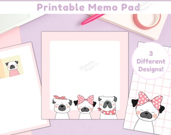 Dog Notepad, Printable Memo Pad, Kawaii Stationary, Pug Memo, Kawaii Memo Sheets, Cute Printable Notepad, Cute Stationery, Small Memo Pad