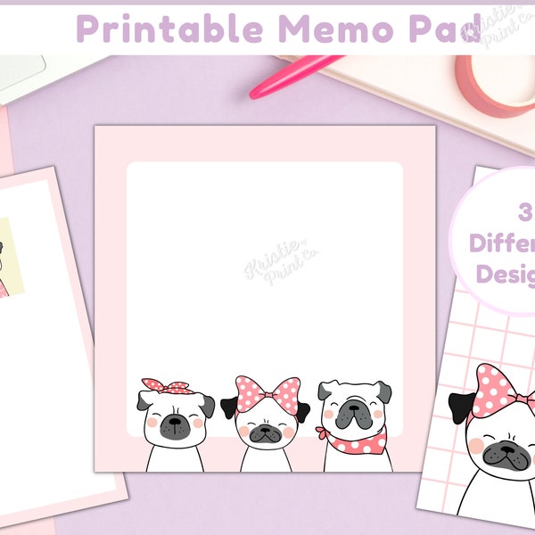 Dog Notepad, Printable Memo Pad, Kawaii Stationary, Pug Memo, Kawaii Memo Sheets, Cute Printable Notepad, Cute Stationery, Small Memo Pad