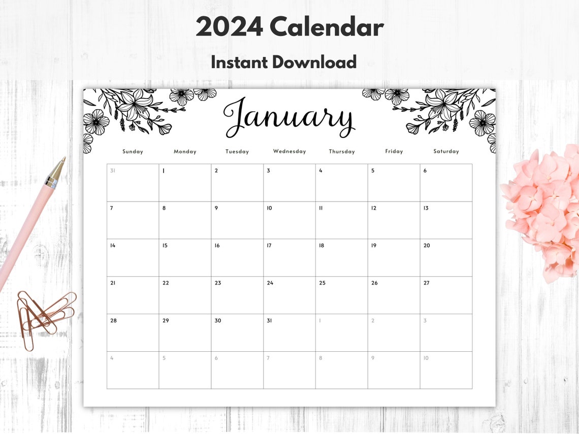 Boho Calendar 2024 Printable Black and White Calendar 2024 Calendar ...