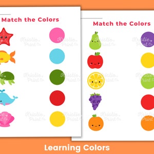 May include: A printable worksheet for kids to learn colors. The worksheet has two sections, each with a set of colorful objects and a set of colored circles. The child must match the object to the correct color circle. The worksheet includes a starfish, fish, turtle, whale, seashell, pear, apple, lemon, grapes, and orange.