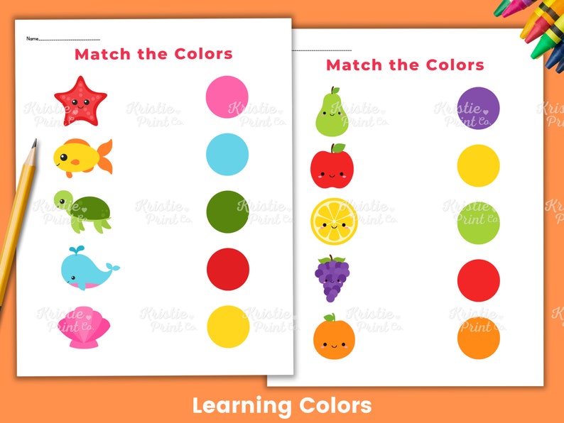 May include: A printable worksheet for kids to learn colors. The worksheet has two sections, each with a set of colorful objects and a set of colored circles. The child must match the object to the correct color circle. The worksheet includes a starfish, fish, turtle, whale, seashell, pear, apple, lemon, grapes, and orange.