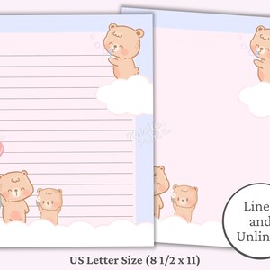 Pode incluir: Papelaria imprim&iacute;vel com um urso de desenho animado fofo soprando bolhas em uma nuvem. A papelaria &eacute; pautada de um lado e sem pautas do outro. O papel &eacute; do tamanho A4 (29,7 x 21 cm).