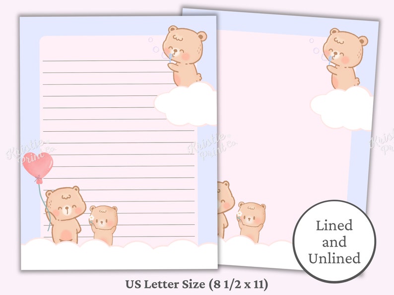 Pode incluir: Papelaria imprim&iacute;vel com um urso de desenho animado fofo soprando bolhas em uma nuvem. A papelaria &eacute; pautada de um lado e sem pautas do outro. O papel &eacute; do tamanho A4 (29,7 x 21 cm).