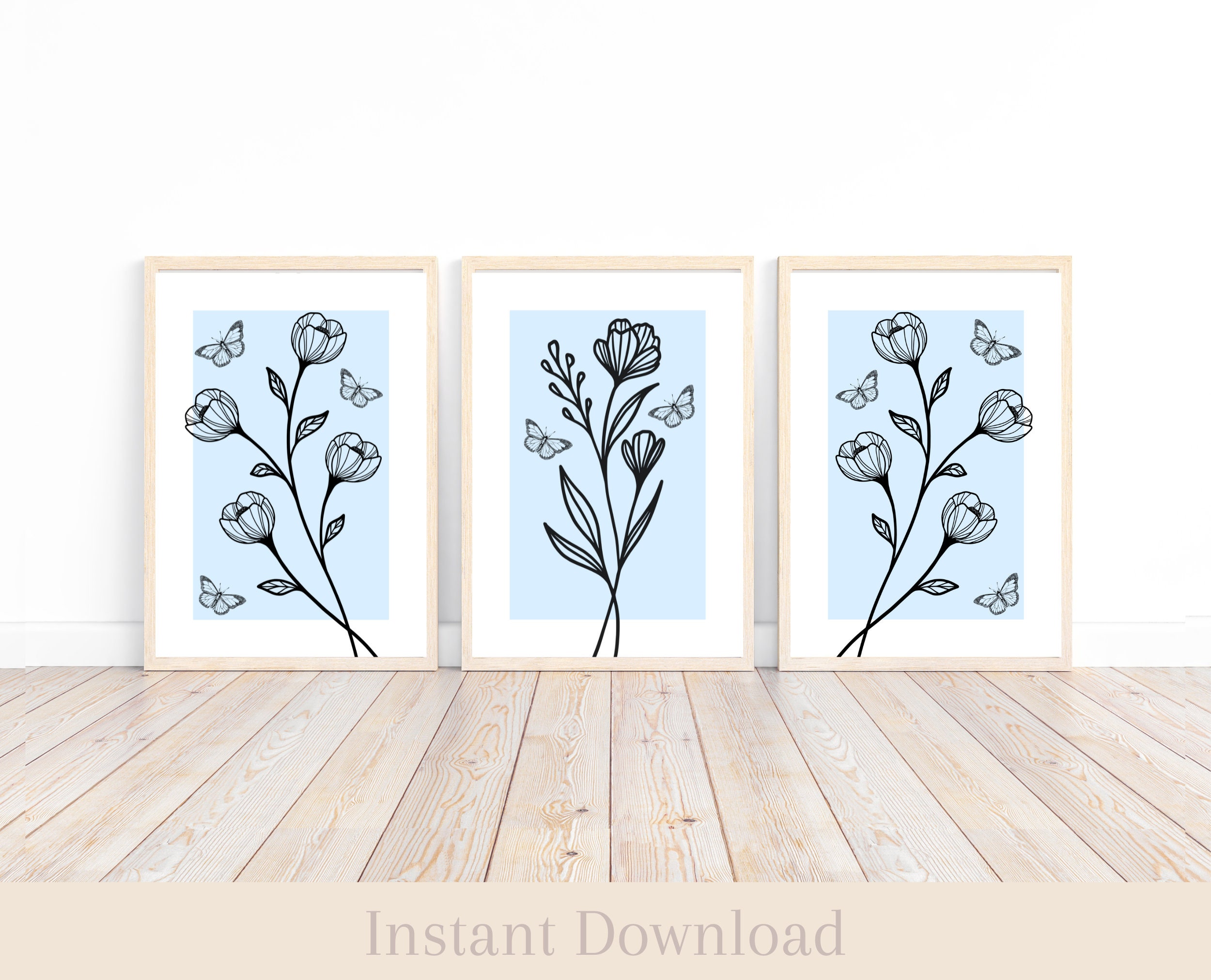 Light Blue Wall Art Set of 3 Flower Pictures for Wall Peony Print