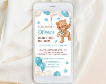 Beary First Birthday Digital Invitation 1St Birthday Boy Teddy Bear Birthday 1St Birthday Invite Boy Blue Balloon Bday Text Invitation BEAR2