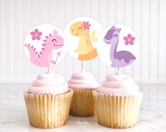 Dinosaur Cupcake Topper Girl Pastel Dinosaur Cupcake Toppers Three Rex Party Decorations Girl Dino Birthday Dinosaur Baby Shower DIN2