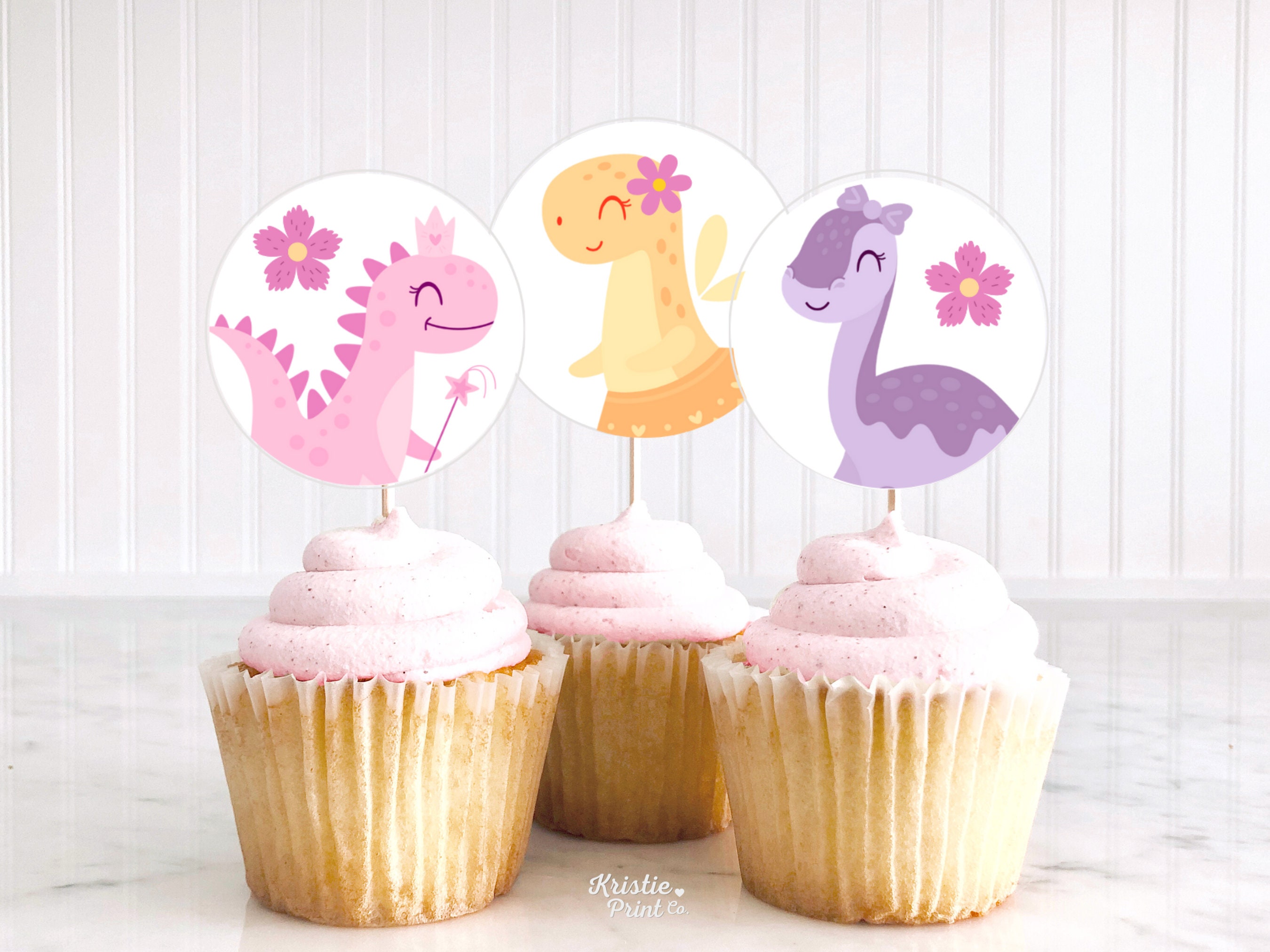 Dinosaur Cupcake Topper Girl Pastel Dinosaur Cupcake Toppers Three Rex ...