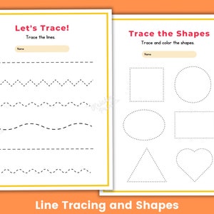 May include: A printable worksheet for kids to practice tracing lines and shapes. The worksheet has two sections: "Let's Trace!" with lines to trace and "Trace the Shapes" with shapes to trace and color.