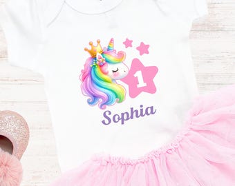 Personalized Unicorn First Birthday Shirt Girl Baby Bodysuit Unicorn Name Shirt Girls Custom 1st Birthday Shirt Unicorn Birthday Outfit