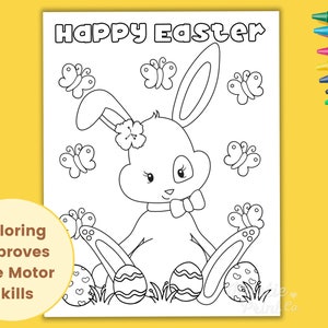 May include: A black and white coloring page featuring a bunny rabbit holding Easter eggs. The bunny is wearing a bow tie and has a flower in its hair. The text "Happy Easter" is at the top of the page.