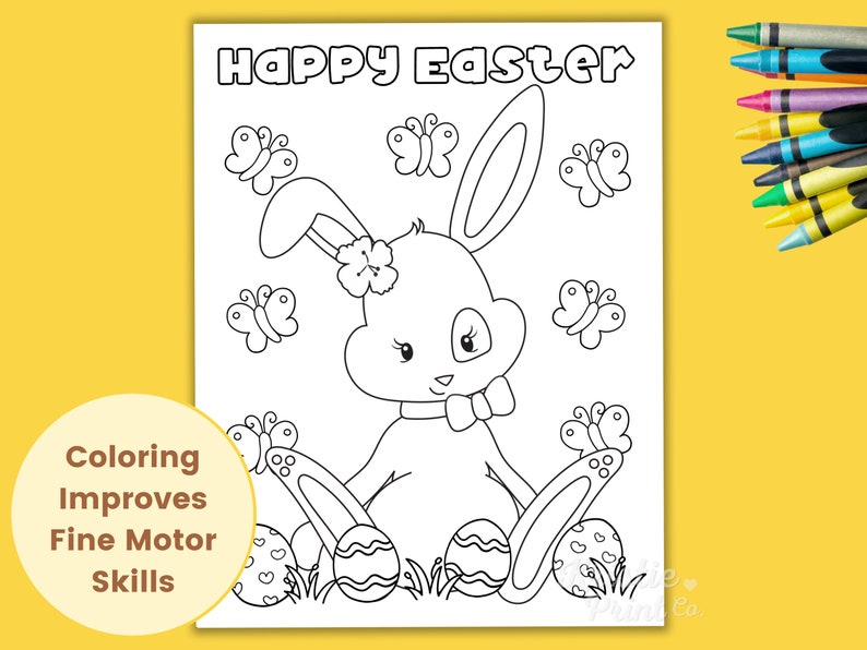 May include: A black and white coloring page featuring a bunny rabbit holding Easter eggs. The bunny is wearing a bow tie and has a flower in its hair. The text "Happy Easter" is at the top of the page.