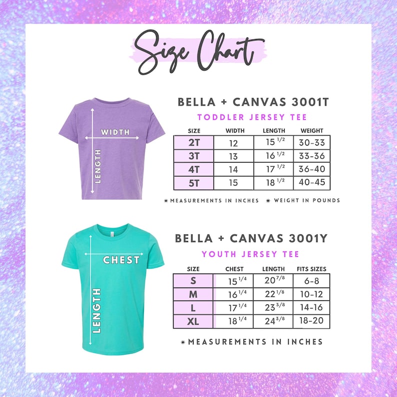 May include: A size chart for toddler and youth jersey tees. The chart includes measurements in inches for width, length, and chest, as well as weight in pounds. The chart also lists the sizes and fits sizes.