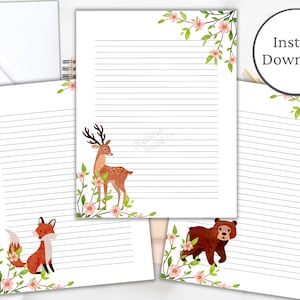 Papeterie bois mignon, papeterie animaux de la forêt, papier numérique, téléchargement immédiat, cerf, ours, renard, ensemble de papeterie, papier Journal