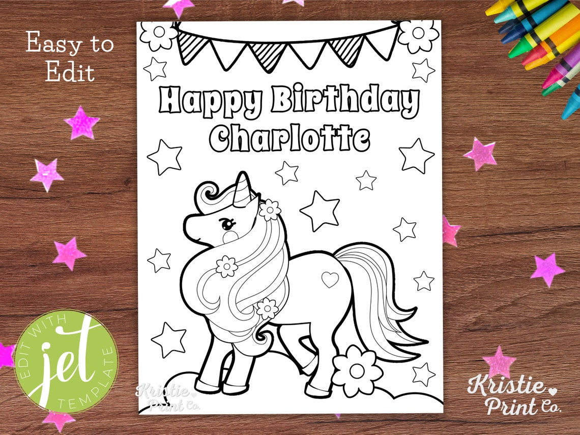 Editable Happy Birthday Unicorn Coloring Page, Happy Birthday Coloring