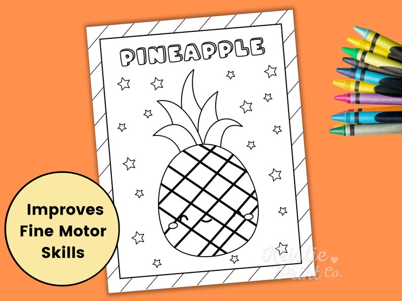 K&ouml;nnte beinhalten: Eine schwarz-wei&szlig;e druckbare Malvorlage mit einer Cartoon-Ananas mit einem l&auml;chelnden Gesicht und dem Wort "PINEAPPLE" oben. Die Ananas ist von kleinen Sternen umgeben.