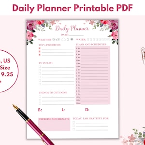 Planificador imprimible por hora, Planificador floral imprimible, Planificador hermoso, Plantilla de planificador diario, A4, A5, Carta de EE. UU., 7 x 9.25, Botánico