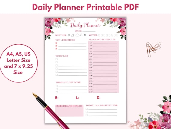Planner Printable Hourly, Floral Planner Printable