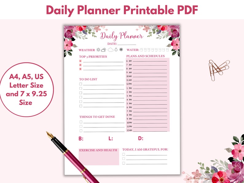 Planner Printable Hourly, Floral Planner Printable, Beautiful Planner ...