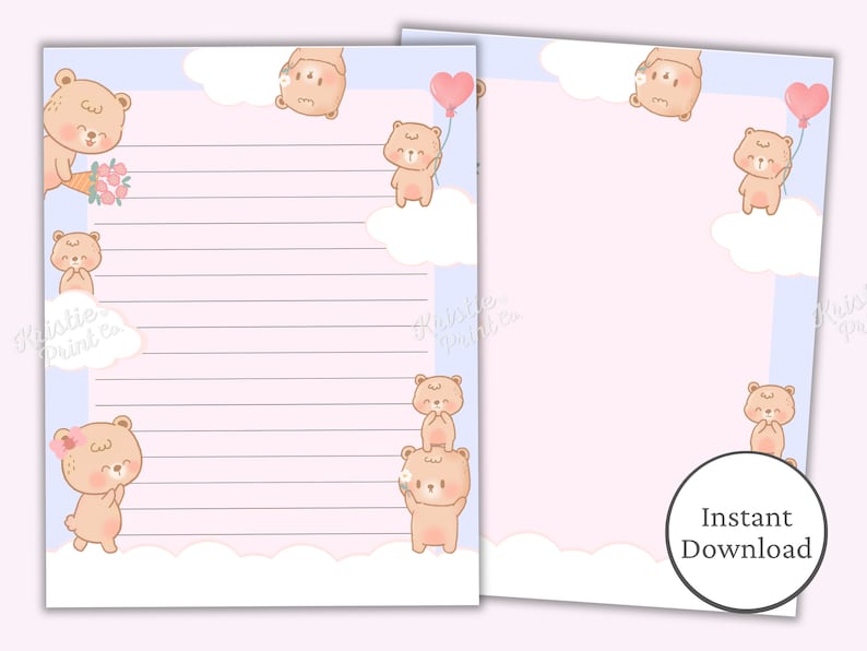 Pode incluir: Papelaria imprim&iacute;vel com fundo azul claro e rosa com nuvens e ursos marrons fofinhos. O texto "Download instant&acirc;neo" est&aacute; em um c&iacute;rculo branco no lado direito da p&aacute;gina.