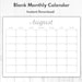 Monthly Blank Calendar, Printable Calendar Template, Horizontal ...