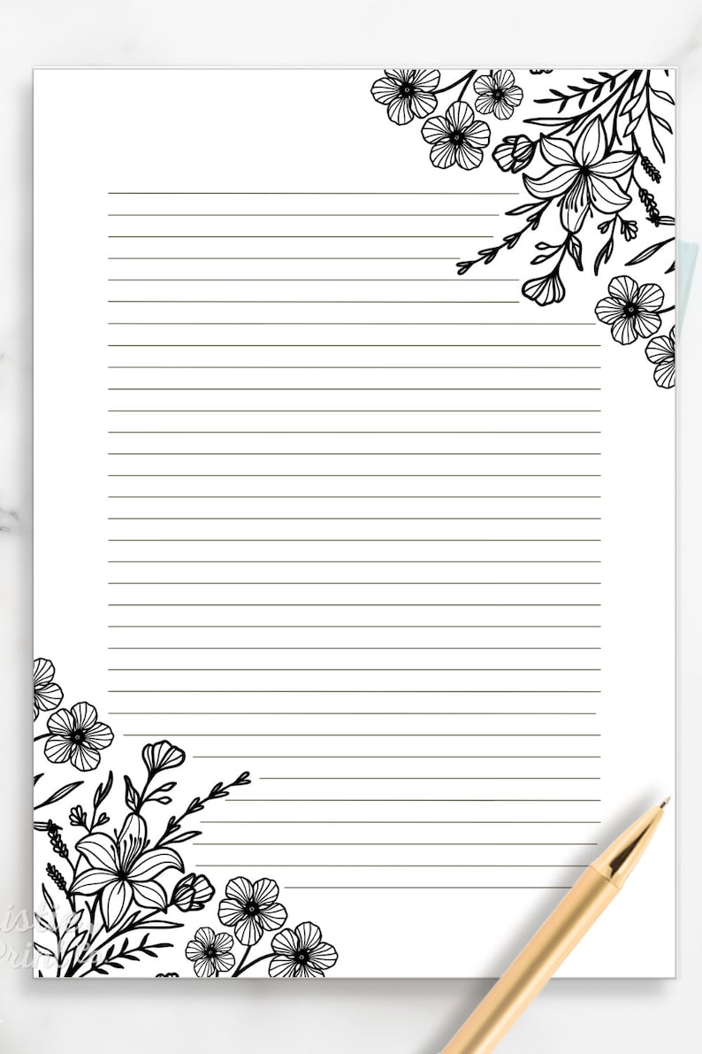 May include: Black and white floral design on a white background with lined paper. The design features flowers, leaves, and stems.