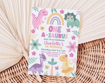 One-A-Saurus Birthday Invitation Girl Dinosaur Birthday Invite Dinosaur 1st Birthday Invitation First Birthday Girl Dinosaur Party