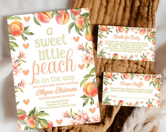 Paquete de baby shower Sweet as a Peach Paquete de invitación para baby shower de verano Baby Shower para niña Un dulce pequeño melocotón Libros de rifa de pañales para bebé P123