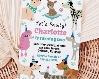 Birthday Invitations for Girls with Dogs Puppy Dog Invite Pawty Birthday Invitation Template Dog Party Invitation Printable Invitation DOG1
