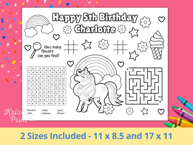 Editable Birthday Party Coloring Placemat, Unicorn Birthday, Unicorn